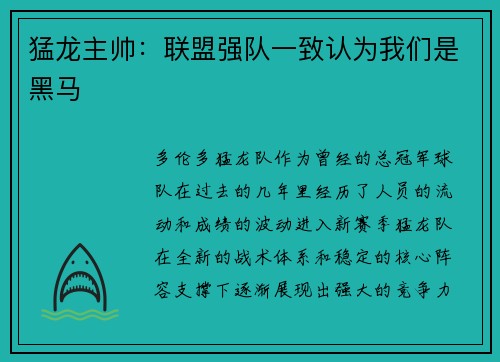 猛龙主帅：联盟强队一致认为我们是黑马