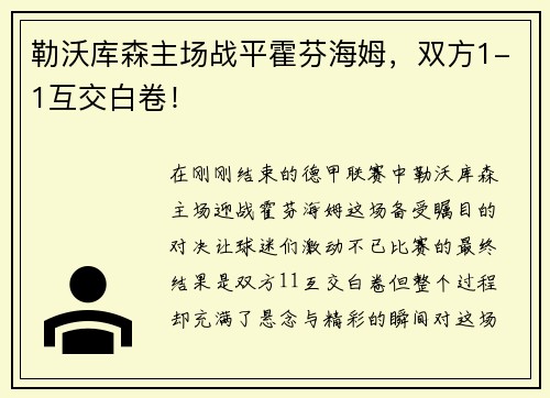 勒沃库森主场战平霍芬海姆，双方1-1互交白卷！