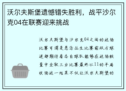 沃尔夫斯堡遗憾错失胜利，战平沙尔克04在联赛迎来挑战