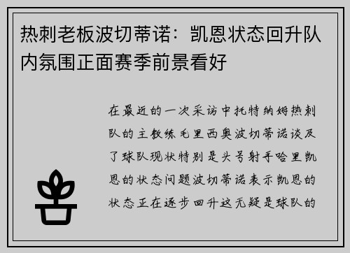 热刺老板波切蒂诺：凯恩状态回升队内氛围正面赛季前景看好