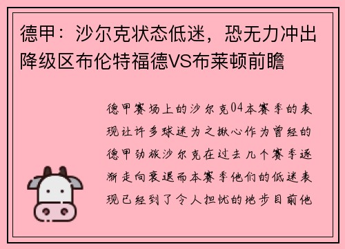 德甲：沙尔克状态低迷，恐无力冲出降级区布伦特福德VS布莱顿前瞻